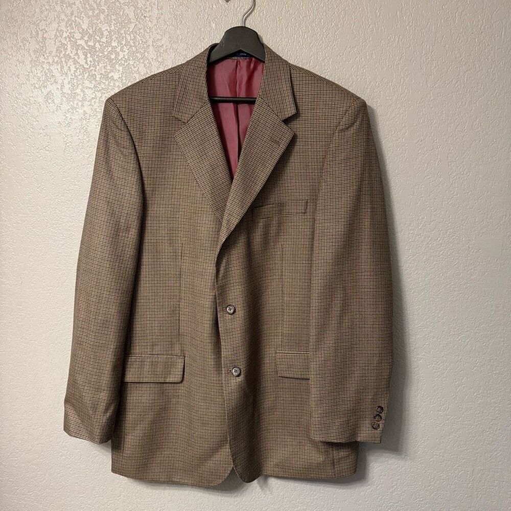 T. Harris London Tan Brown Houndstooth 100% Wool Blazer 44L